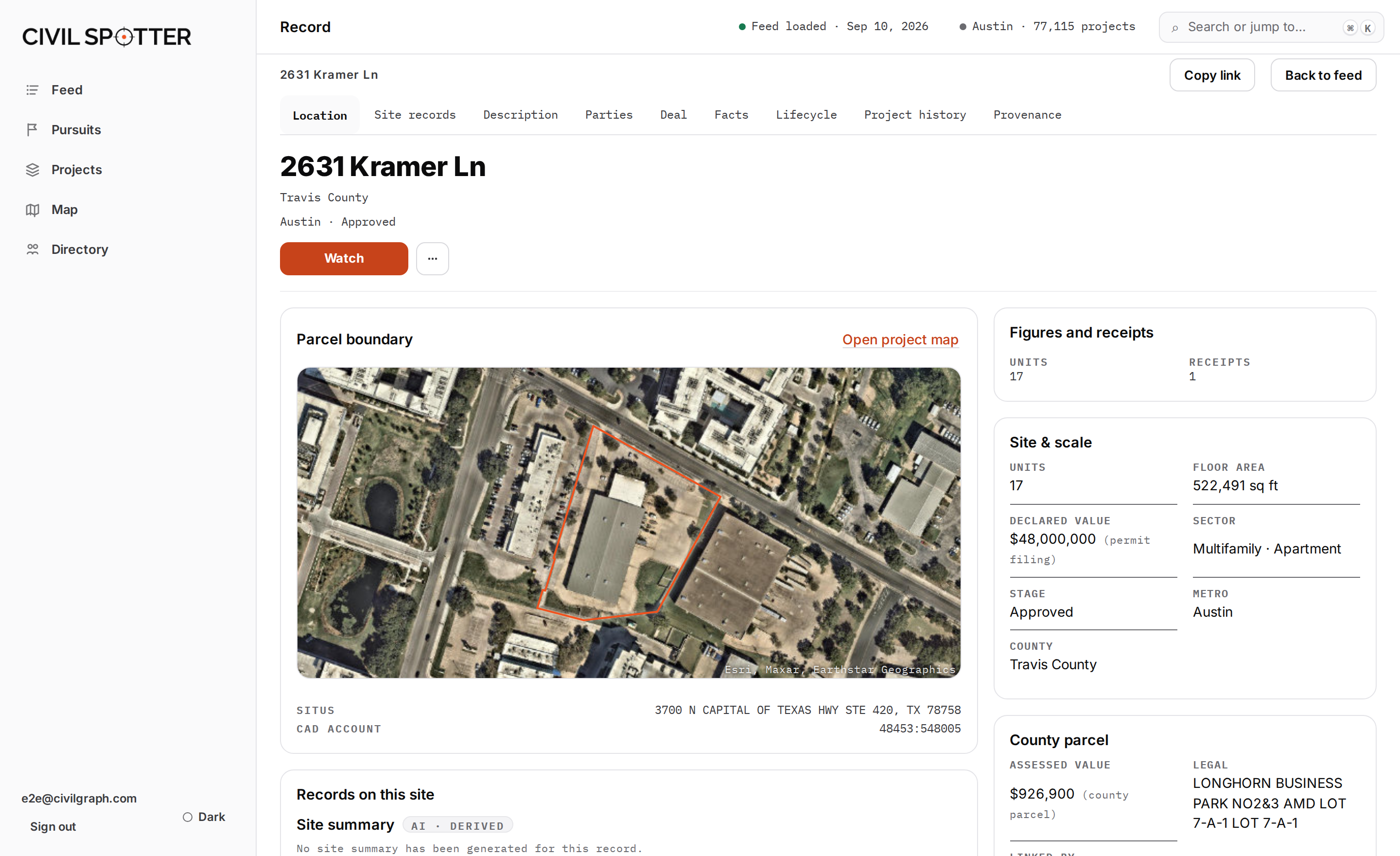 A CivilSpotter project record: the parcel boundary on aerial imagery, with units, floor area and declared value, the project stage, and the county assessor cross-reference.
